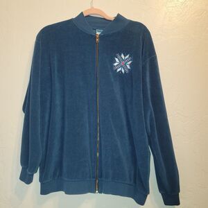 VTG Boundary Line Womens Sz M Winter Snowflake Bomber Jacket Blue Christmas